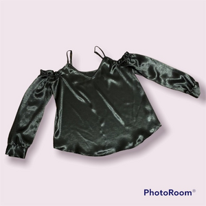 Ana Holiday Sage Green Shiny Cold‎ Shoulder Blouse Medium Party Christmas